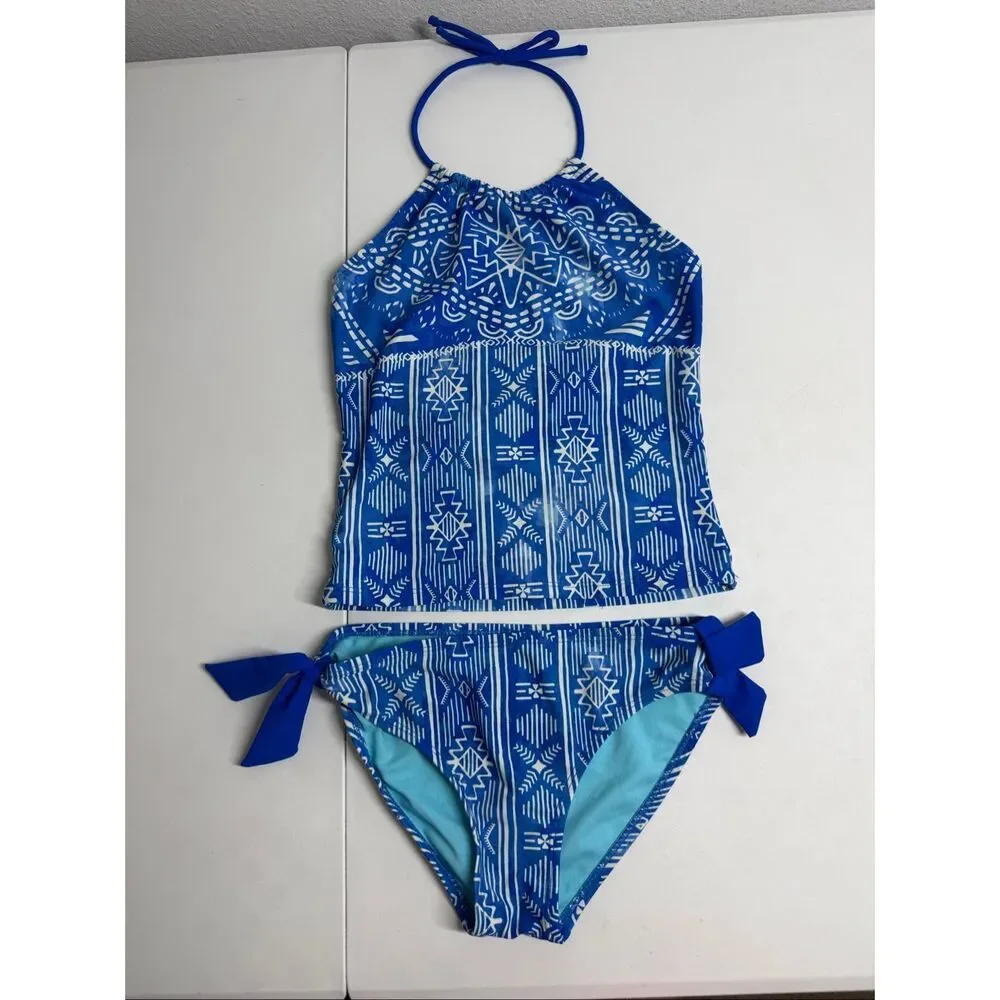 Breaking Waves Girls Size 10 Blue White Tankini Swimsuit 2 Piece UPF Beach Pool